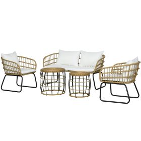 5-Piece PE Rattan Outdoor Set Cushioned Chairs Loveseat Sofa & Coffee Tables Cream White