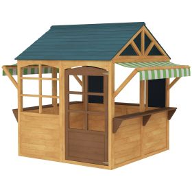 Wooden Outdoor Playhouse, Foldable Kids Cottage with Windows, Working Door, Snack Bars, Waterproof Covers, for 3-8 Years