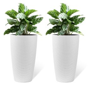 Set of 2 Faux Rattan Tall Planters Outdoor Indoor Large Planters with Water Level Monitor Inner Bucket, Automatic Watering